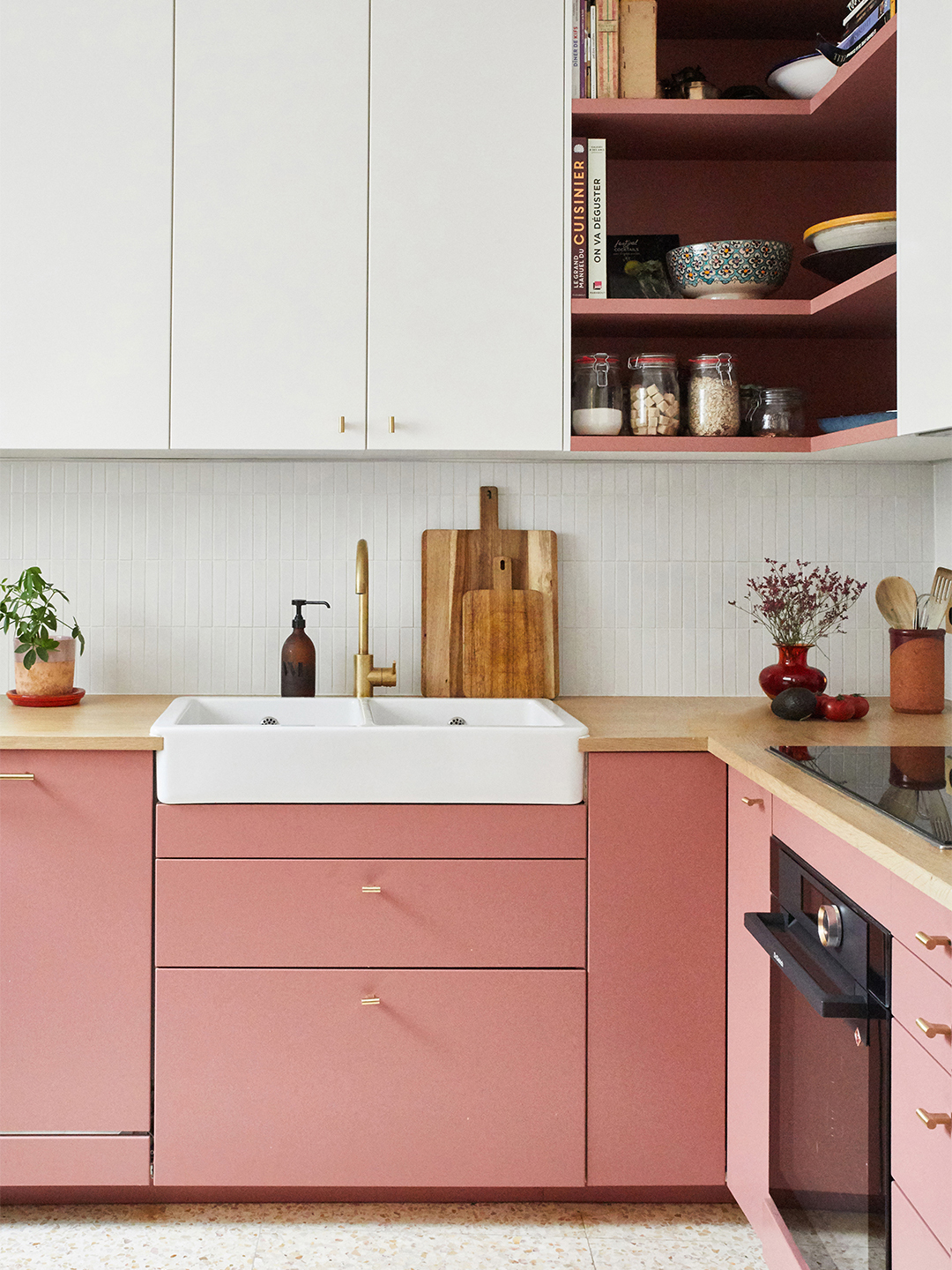 pink and green kitchen cabinets