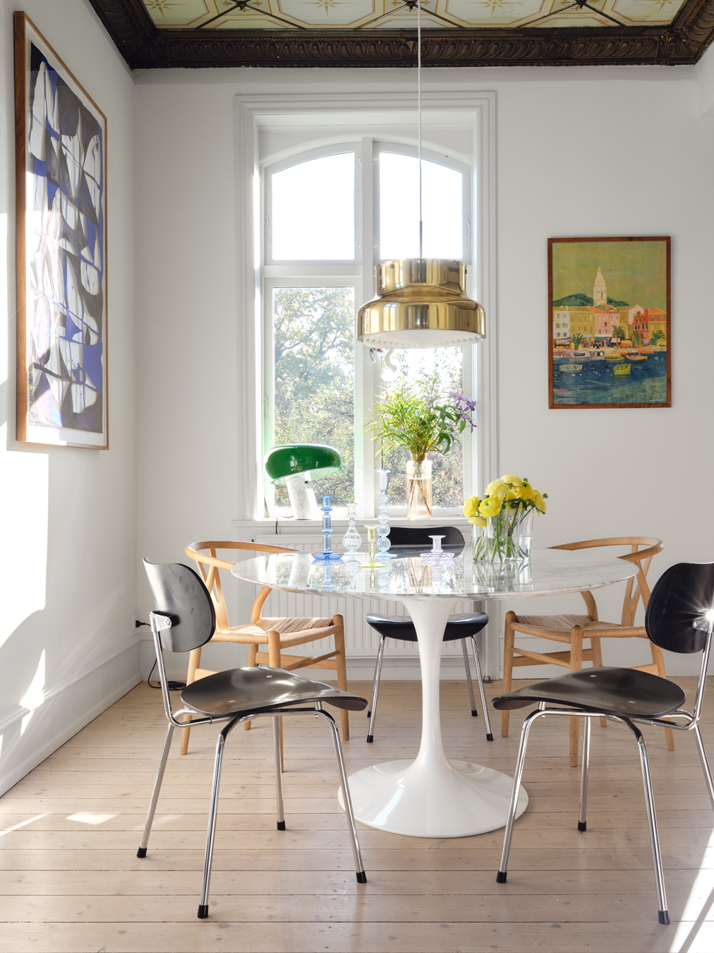 different dining chairs around table