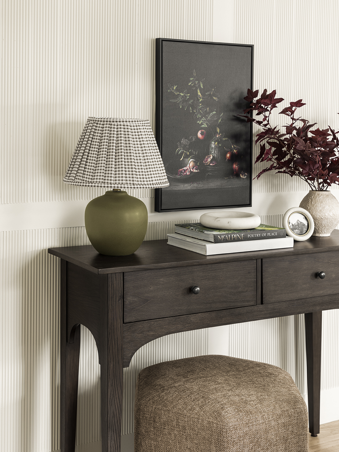 lamp on wood console table
