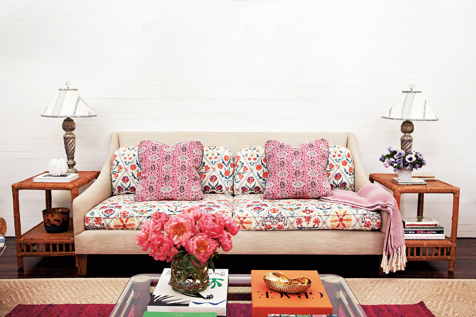 Patterned sofa with patterned pillows