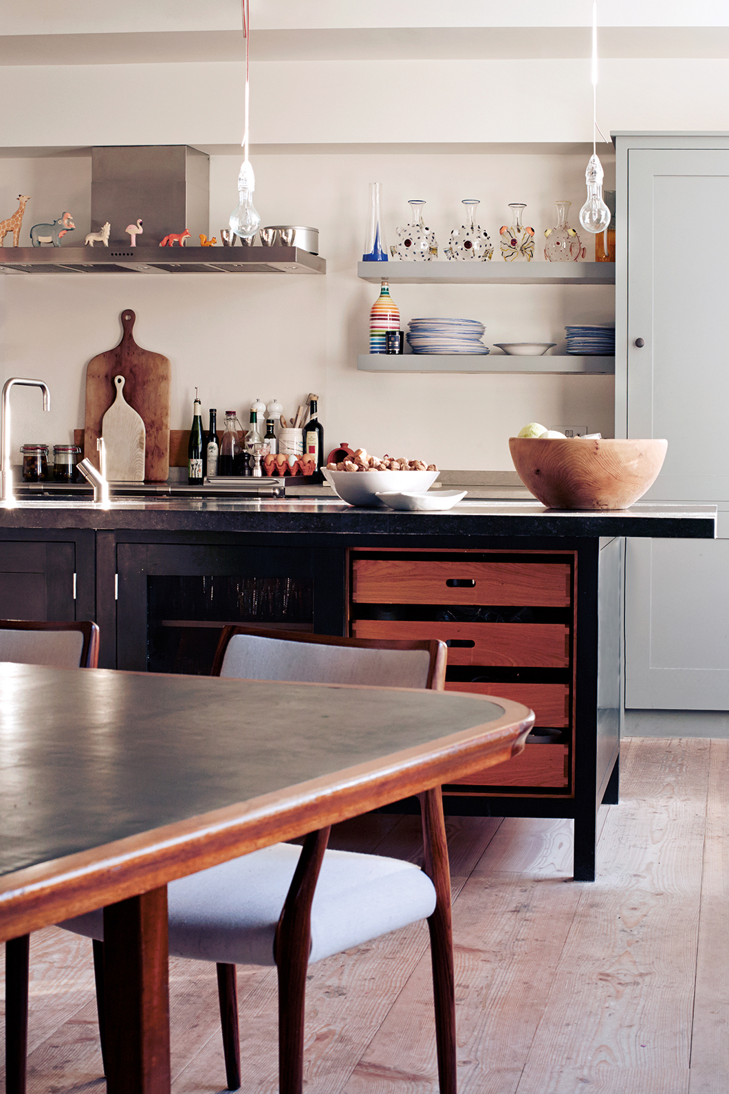 Kitchen with open shelving and island