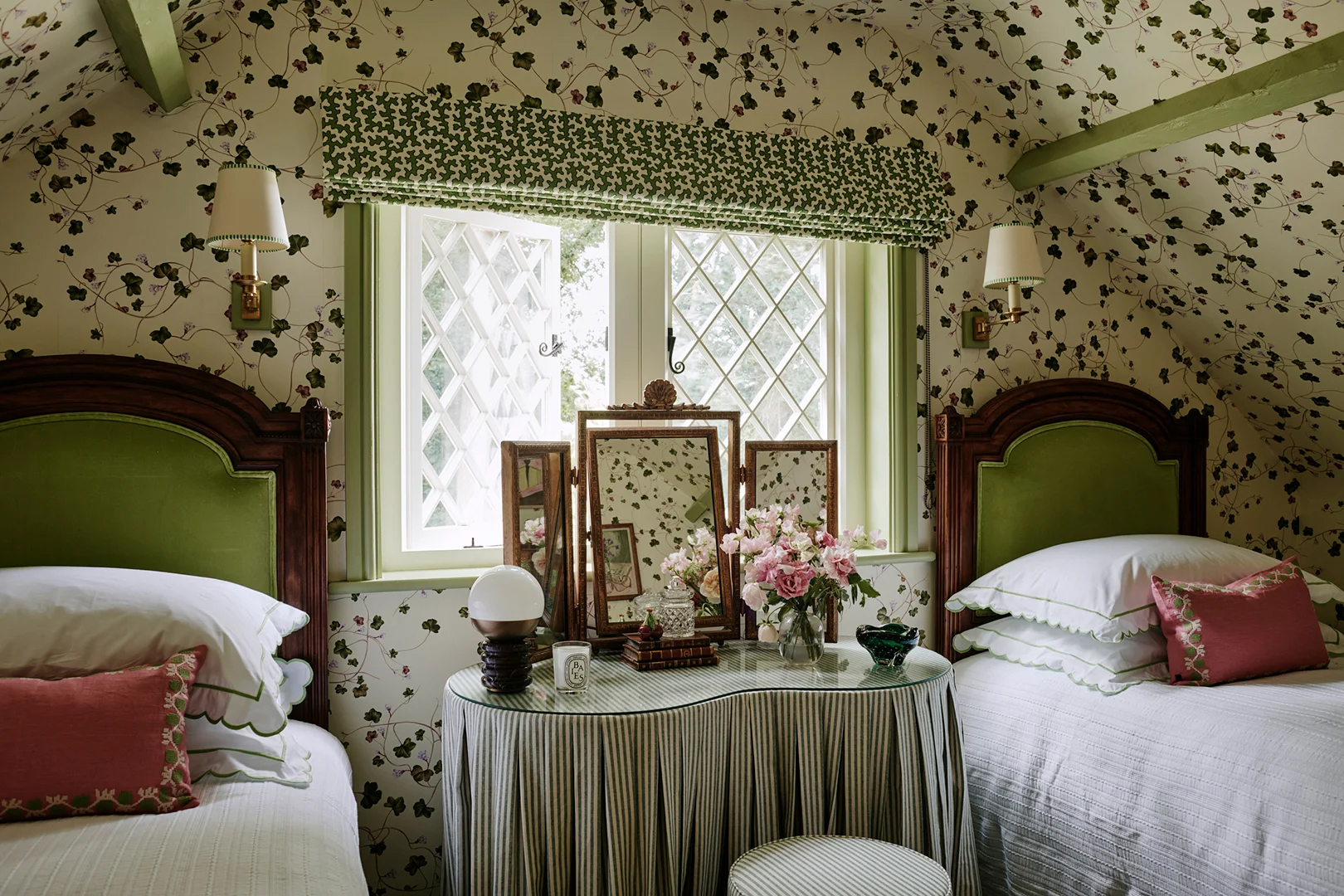 bedroom covered in vine wallpaper