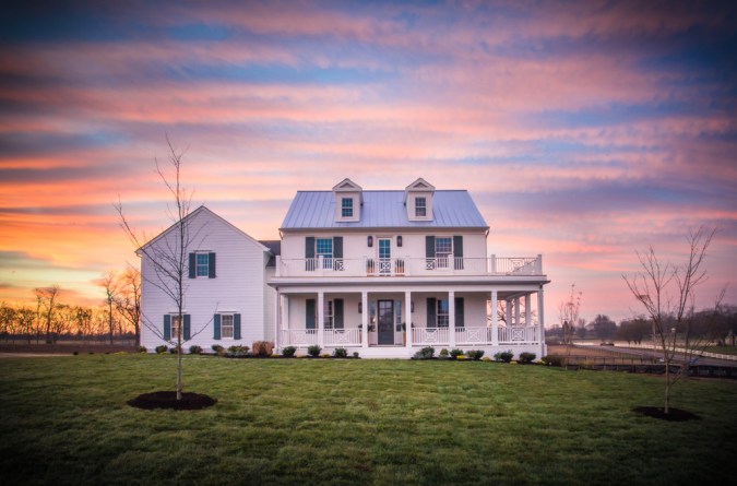 exterior farmhouse at sunset