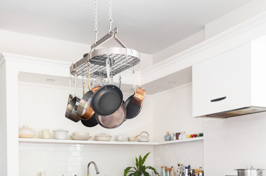 hanging pot rack in kitchen