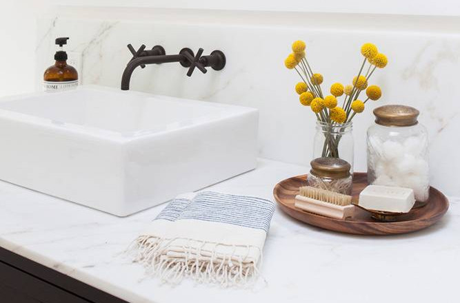 bathroom counter with self care items