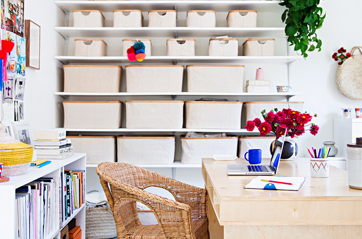 office with organized shelving unit