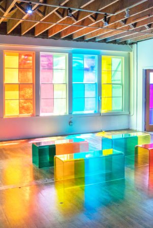 colorful windows and benches