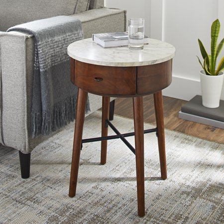 Wood & Marble Finish Round Accent Table