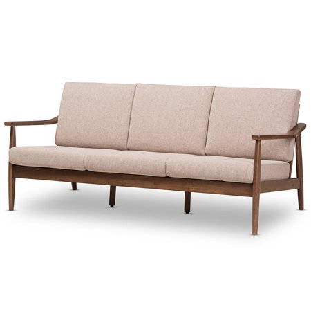 Venza midcentury modern walnut wood and beige upholstery sofa