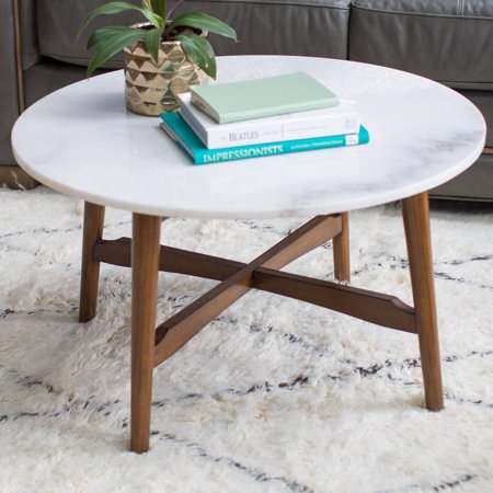 round wood coffee table with marble top in mid century style