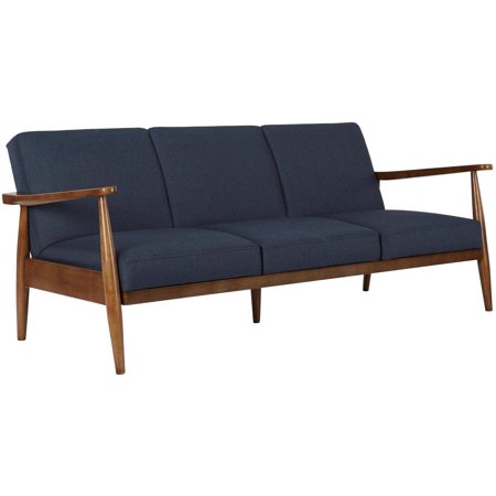 Flynn Mid Century Futon in dark wood and navy upholstery