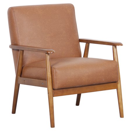 midcentury modern wood frame faux leather accent club chair