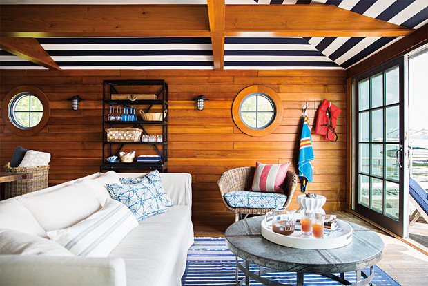 living room with natural wood shiplap