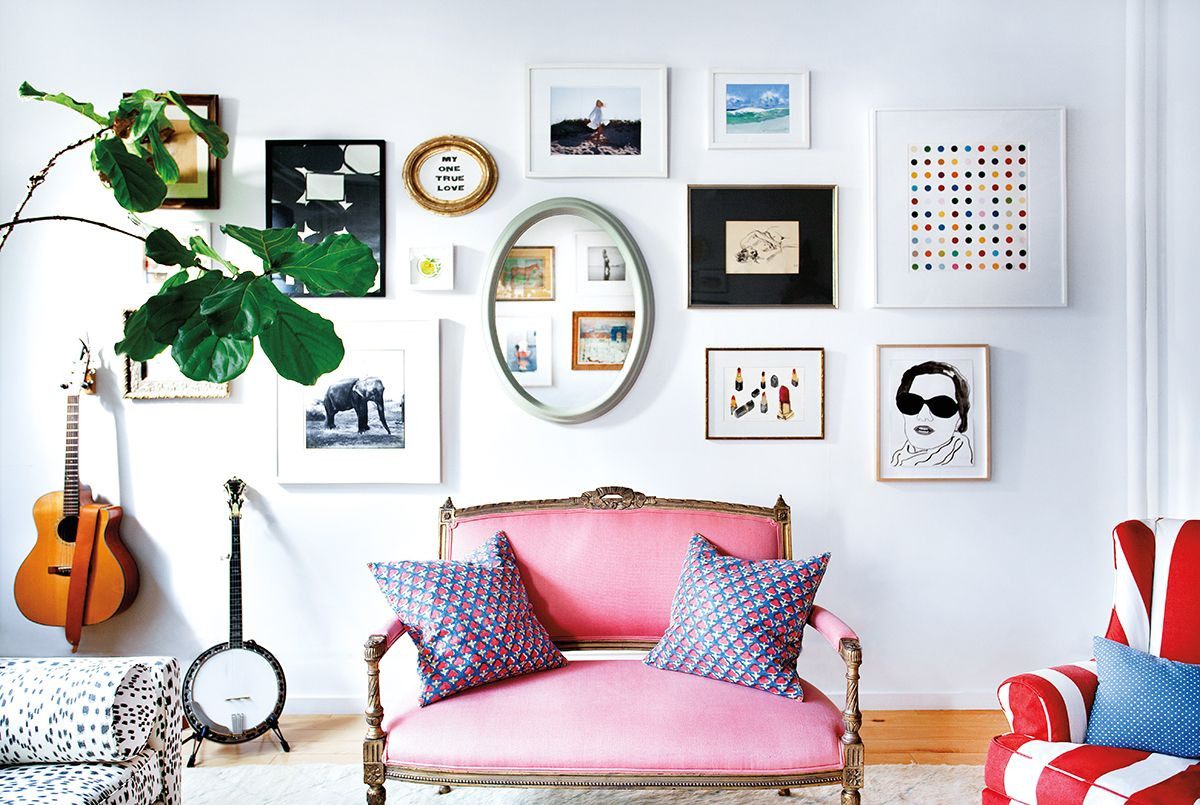 Blue and Brown and Green and Pink and Purple and White and Wood Living room