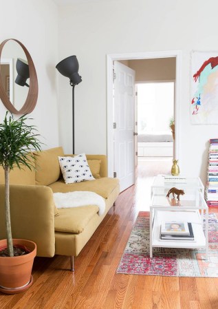 Alyssa Coscarelli’s Williamsburg Apartment White and Yellow Living room