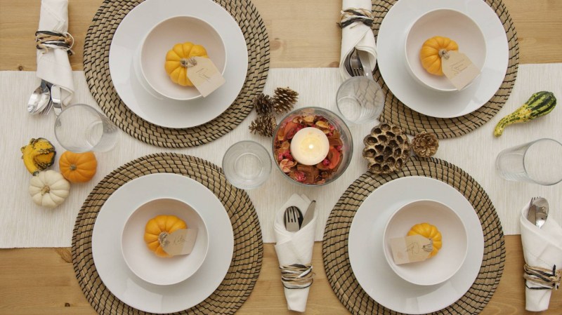 IKEA thanksgiving tablescape with white plates and fall colors