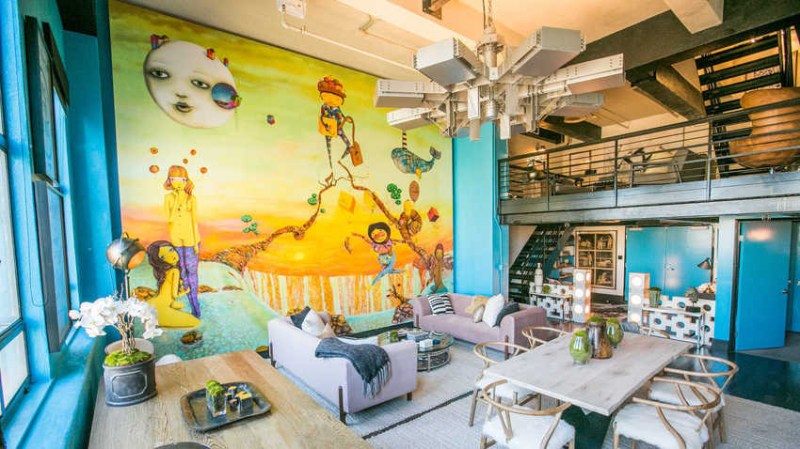 Turquoise Wall LA Penthouse Living Room