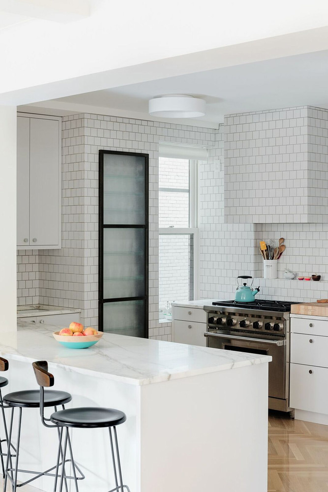 modern white tile bathroom