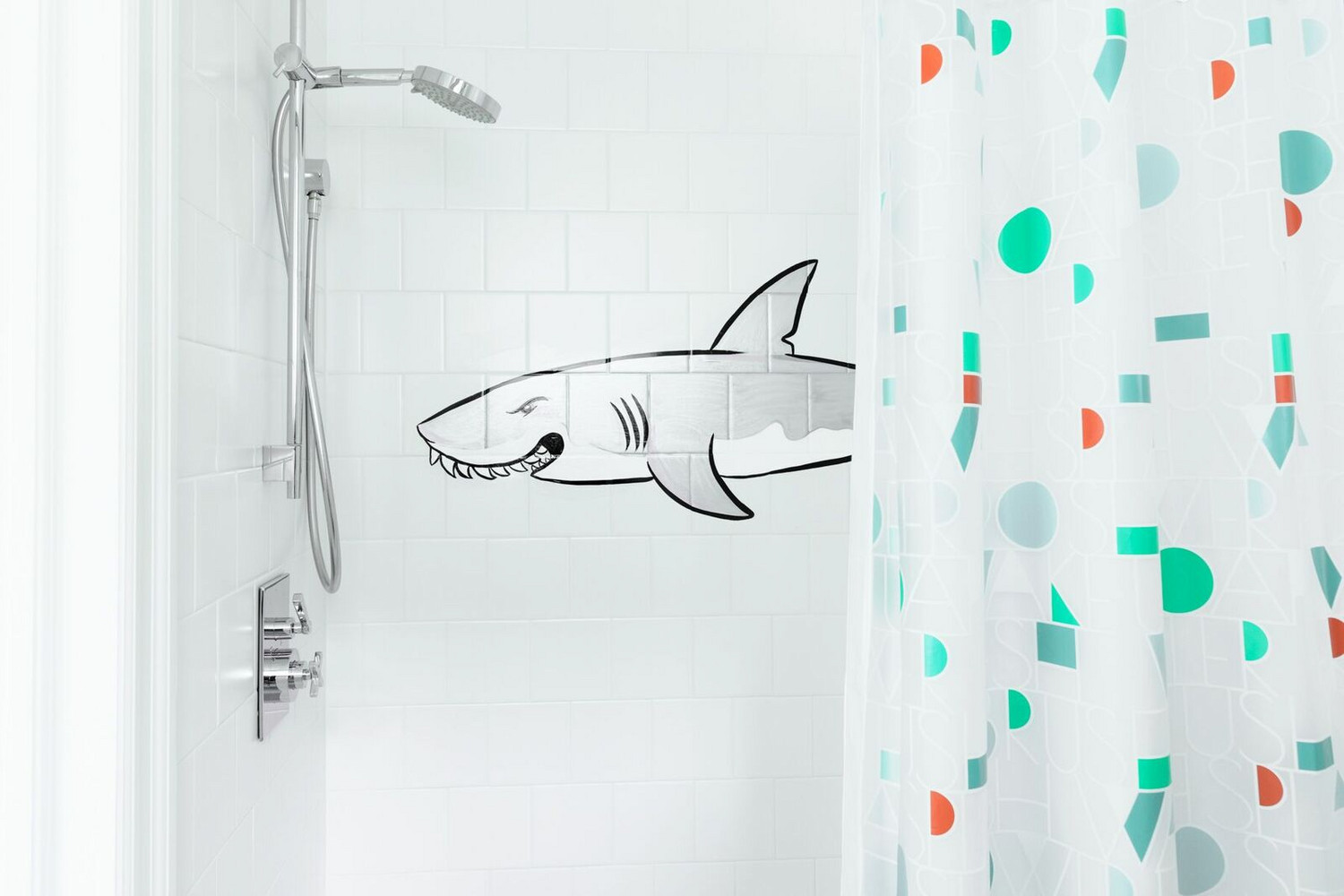 colorful shower curtain shark decal