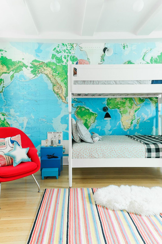 map wallpaper, red chair bunk beds