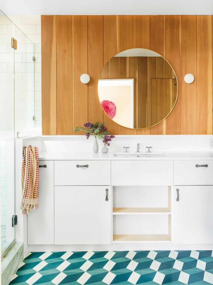 Blue and White and Wood Bathroom