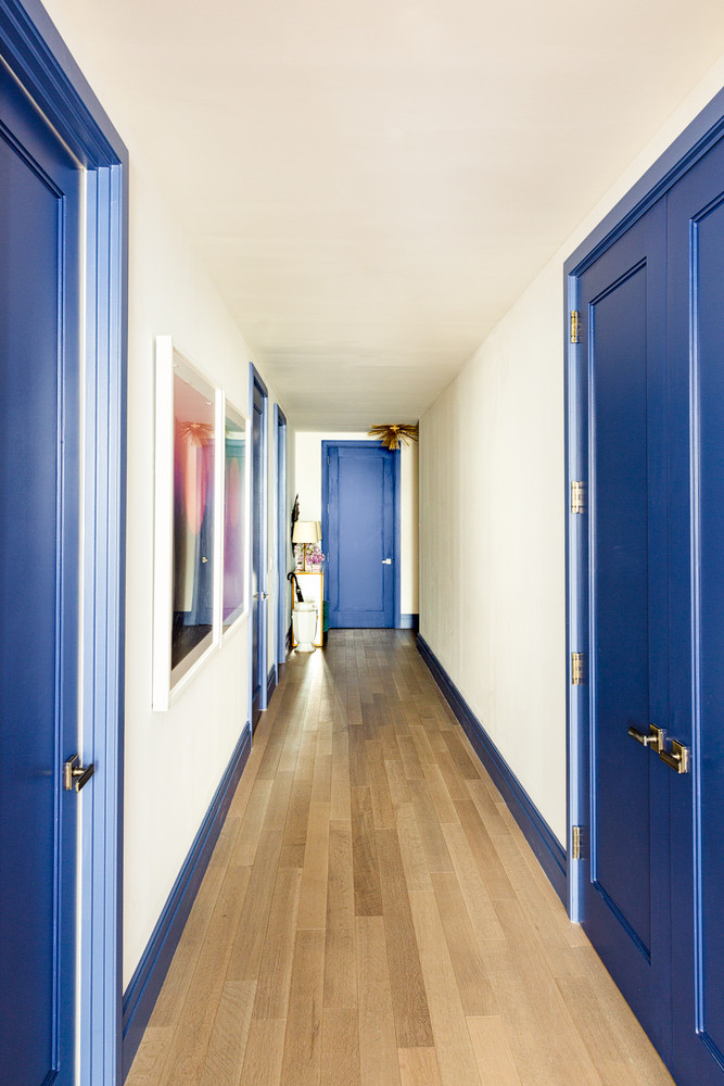 blue-purple painted trim hallway