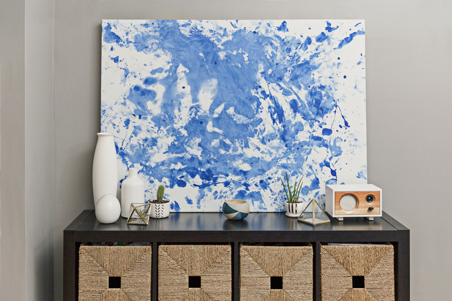 blue and white splatter painted  canvas