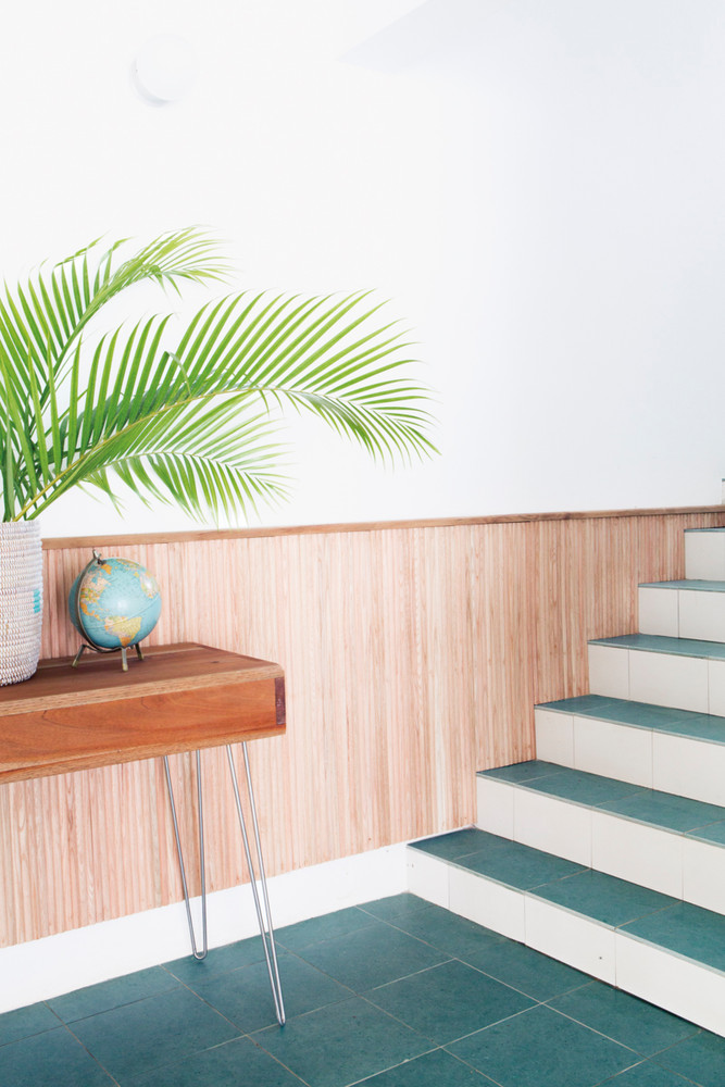 Blue and White and Wood Staircase