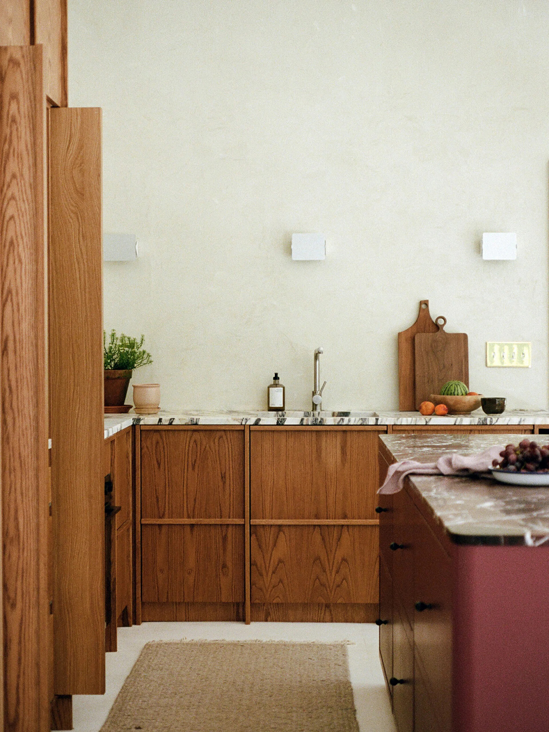 wood cabinets and maroon island