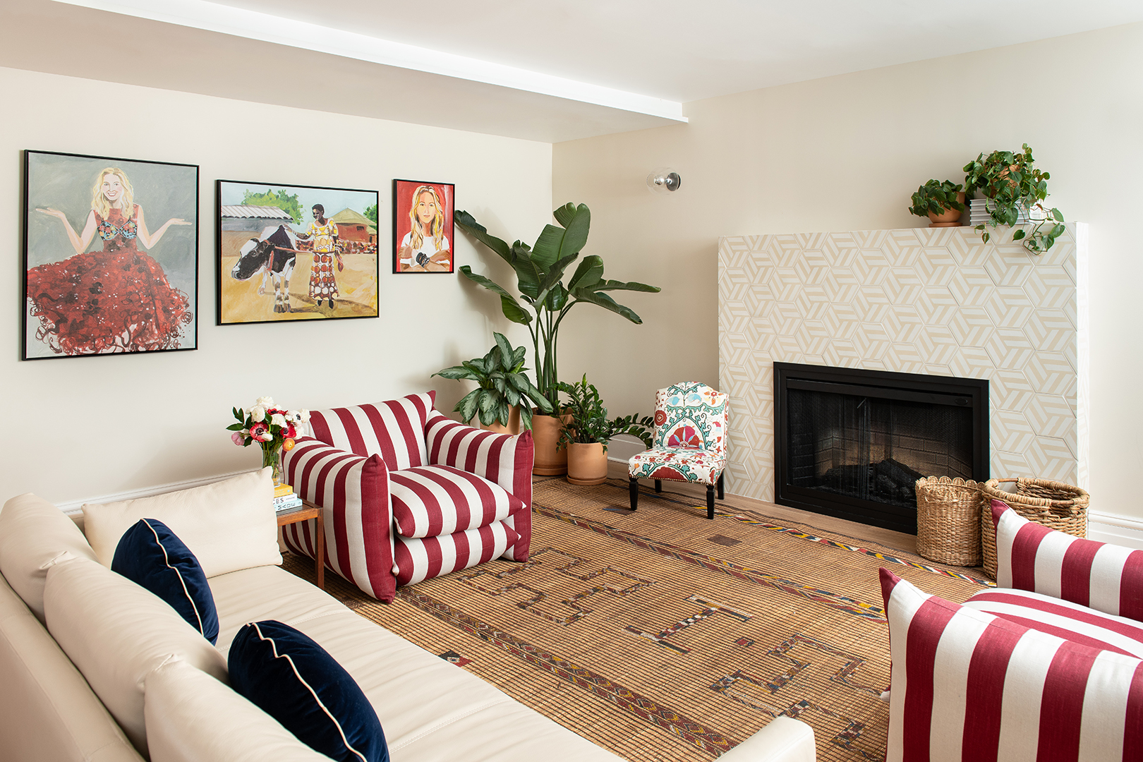 striped red and white armchairs