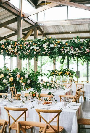 fresh wedding décor idea: greenery & floral chandeliers