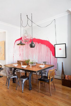 Red and White and Wood Dining room