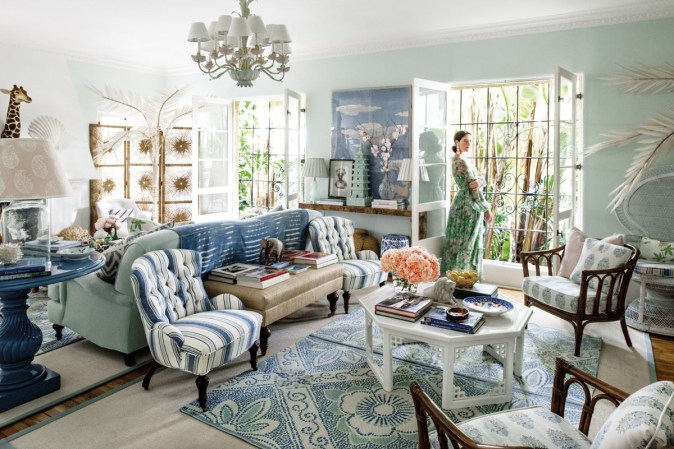 Blue and Green and White Living room