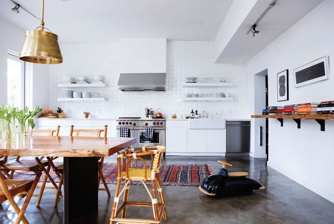 Black and Bronze and Red and White and Wood Kitchen