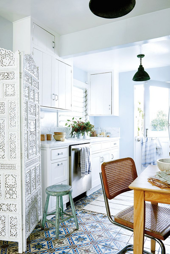 Blue and Green and White and Wood Kitchen