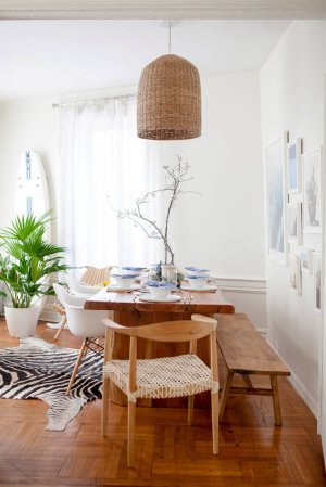 dining room makeover with wood dining table and rattan chandelier