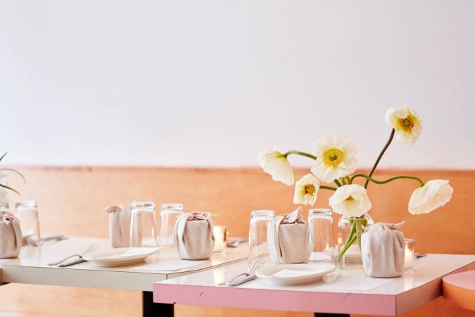 Jenni Kayne Domino Dinner Pink and White and Wood Table Setting