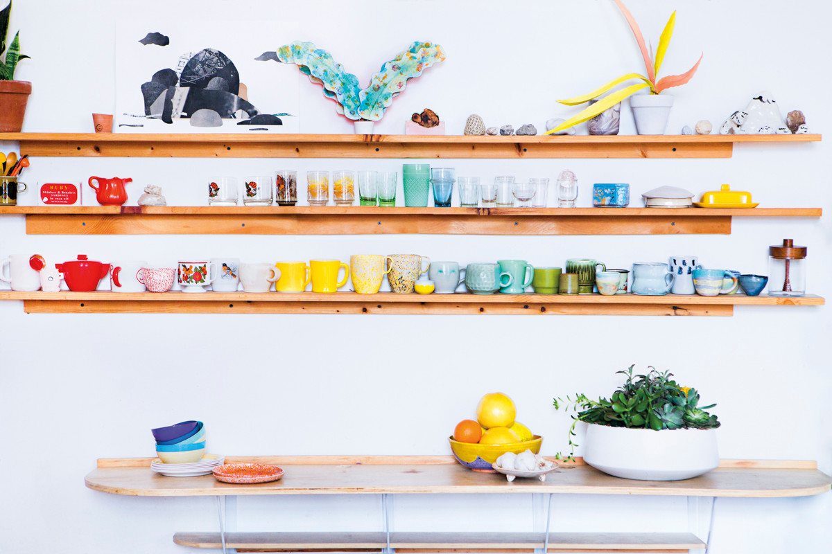 Blue and Red and White and Wood and Yellow Kitchen