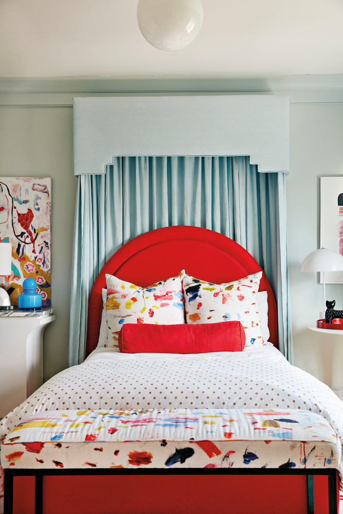 Blue and Red and White Bedroom