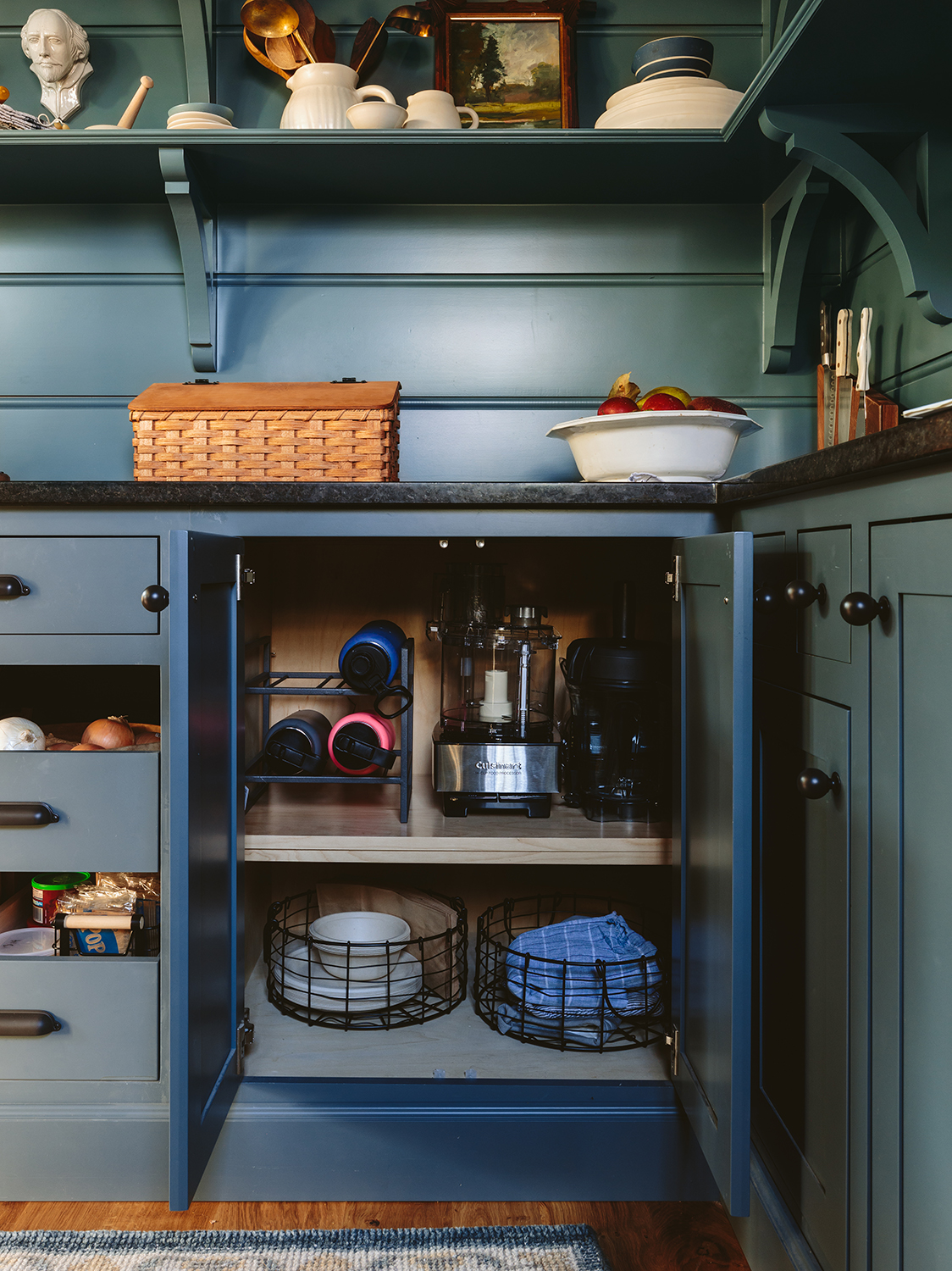 dark blue pantry cabinets