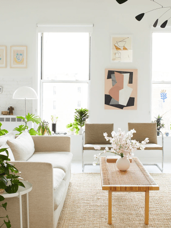 Washable jute rug situated inside bright living room.