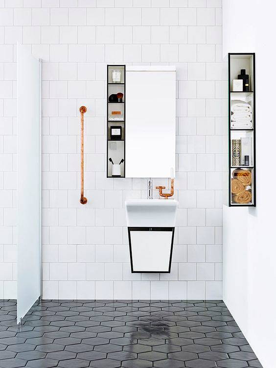 minimalist bathroom white bathroom with black shelves