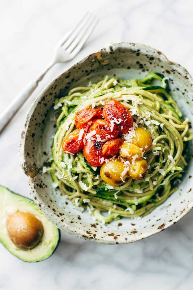 12 Simple Avocado Recipes That Aren't Toast- burst tomato and zucchini spaghetti with avocado sauce