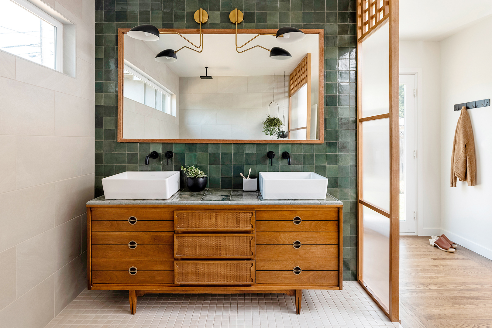 vintage vanity with green tile