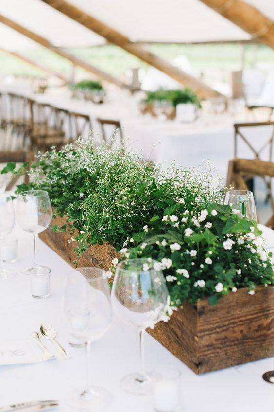 Easy Spring Centerpieces wooden crate with green flower centerpiece