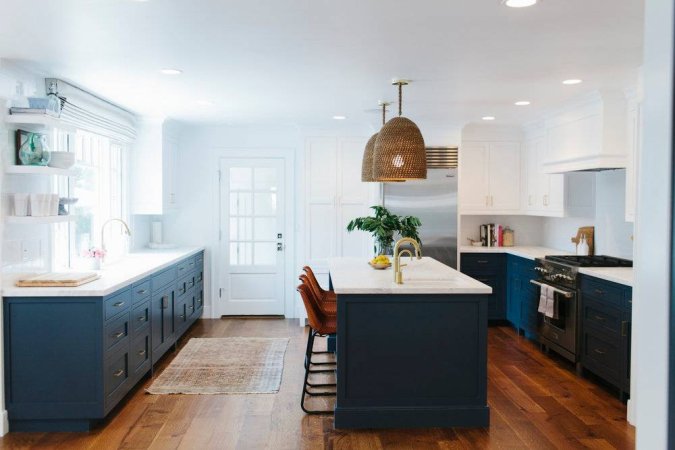 lighting trends navy kitchen with woven light fixtures