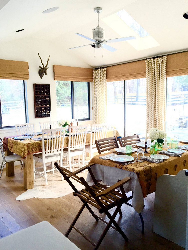 small space dinner party  dining room with two tables