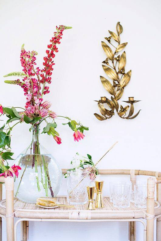 all white interiors white and pink bar cart