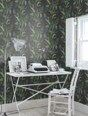 fall patterns home office with black and green floral wallpaper