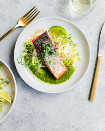 healthy food salmon with green sauce